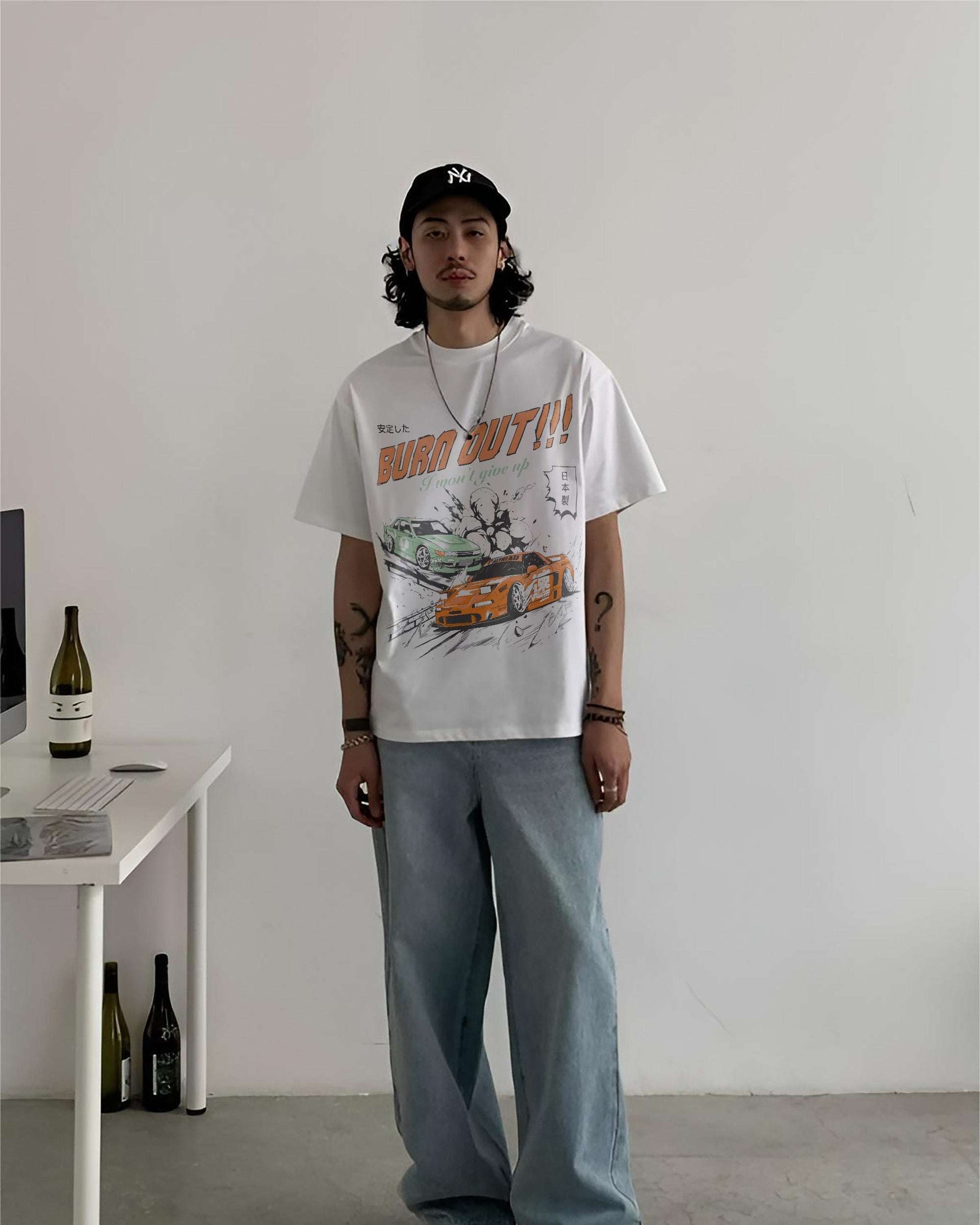 BURN OUT CARS WHITE OVERSIZED T-SHIRT