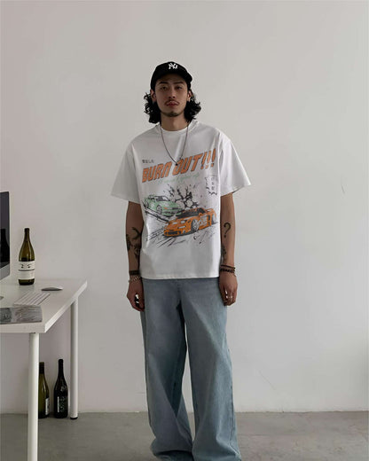 BURN OUT CARS WHITE OVERSIZED T-SHIRT
